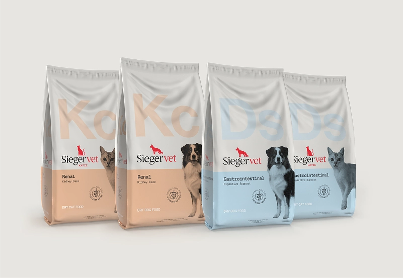 Línea de alimento terapéutico Sieger Vet: productos Renal y Gastrointestinal para perros y gatos en bolsas de alimento seco.