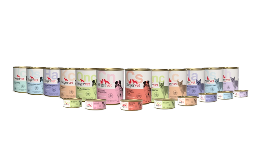 Variedad de presentaciones de alimento Sieger Vet: latas para diferentes dietas veterinarias como Hepatic, Hypoallergenic, Gastrointestinal, Renal y Onc + Inmuno.