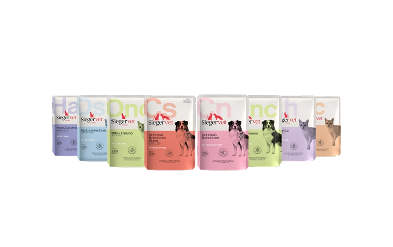 Variedad de presentaciones de alimento Sieger Vet: bolsas para diferentes dietas veterinarias como Hepatic, Hypoallergenic, Gastrointestinal, Renal y Onc + Inmuno.